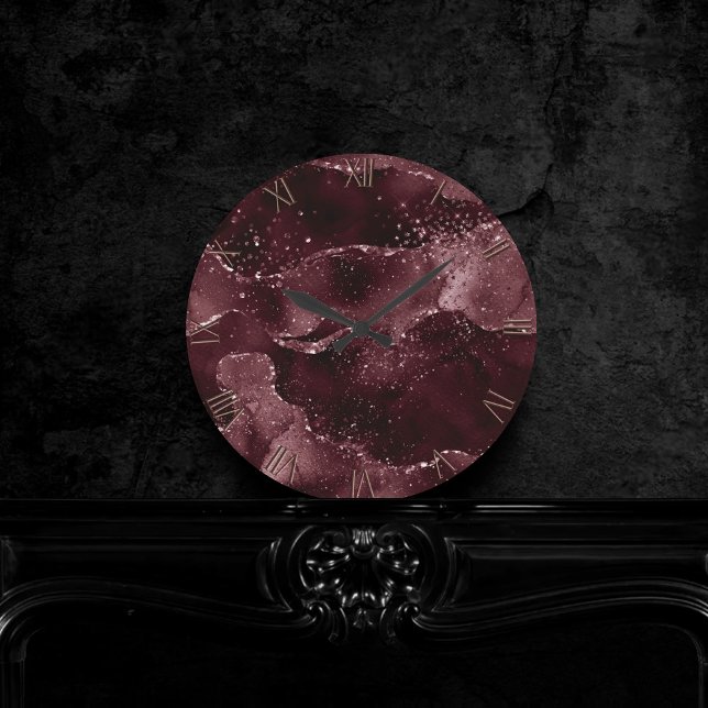 Moody agate | Vin Bordeaux Sangria Merlot Maroon Rund Klocka (Skapare uppladdad)