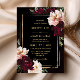Moody Black Burgundy  Blommigt Peonies Bröllop Inbjudningar