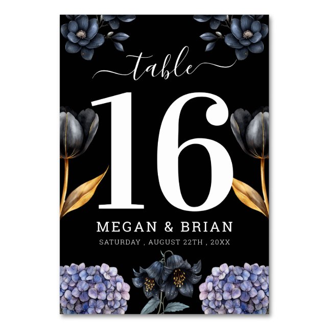 Moody Black Floral Classic Script Floral Wedding Bordsnummer (Framsidan)