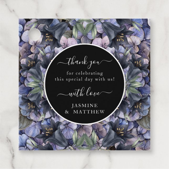 Moody Black Floral Classic Thank You Chic Wedding Gåvor Etiketter (Framsida)