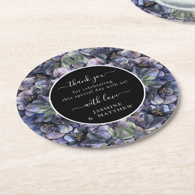 Moody Black Floral Classic Thank You Chic Wedding Underlägg Papper Rund (Vinklad)