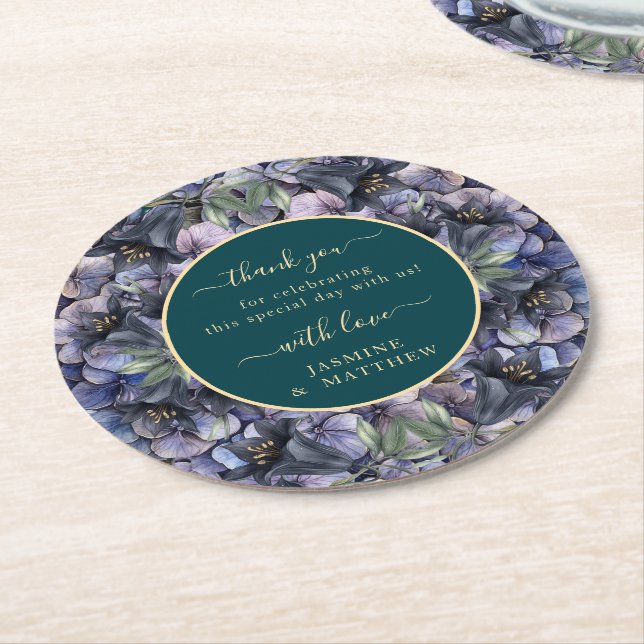 Moody Black Floral Classic Thank You Chic Wedding Underlägg Papper Rund (Vinklad)