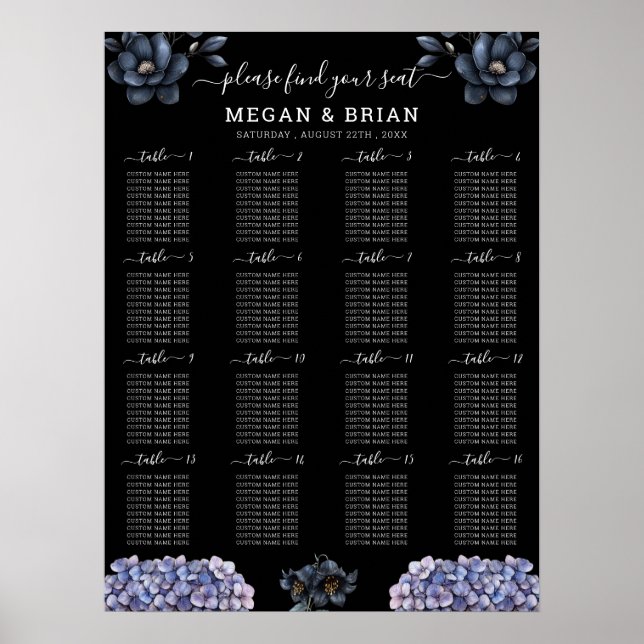 Moody Black Floral Classic Wedding Seating Chart Poster (Framsidan)