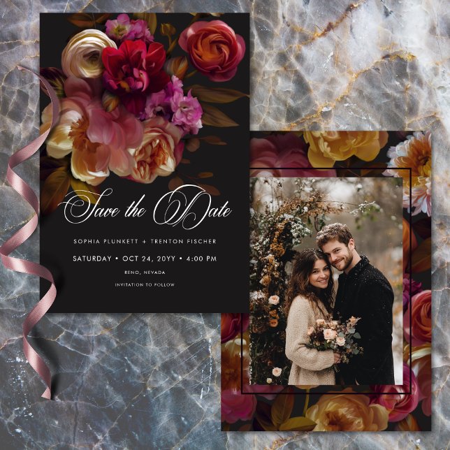 Moody Black Floral Painterly Red Burgundy Photo Spara Datumet (Moody Black Floral Painterly Red Burgundy Photo Save The Date)