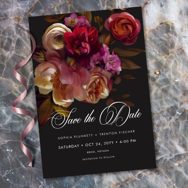Moody Black Floral Painterly Red Burgundy Spara Datumet (Moody Black Floral Painterly Red Burgundy Save The Date)