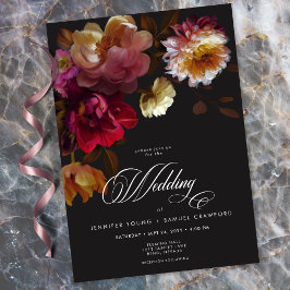 Moody Black Floral Painterly Red Burgundy Wedding Inbjudningar