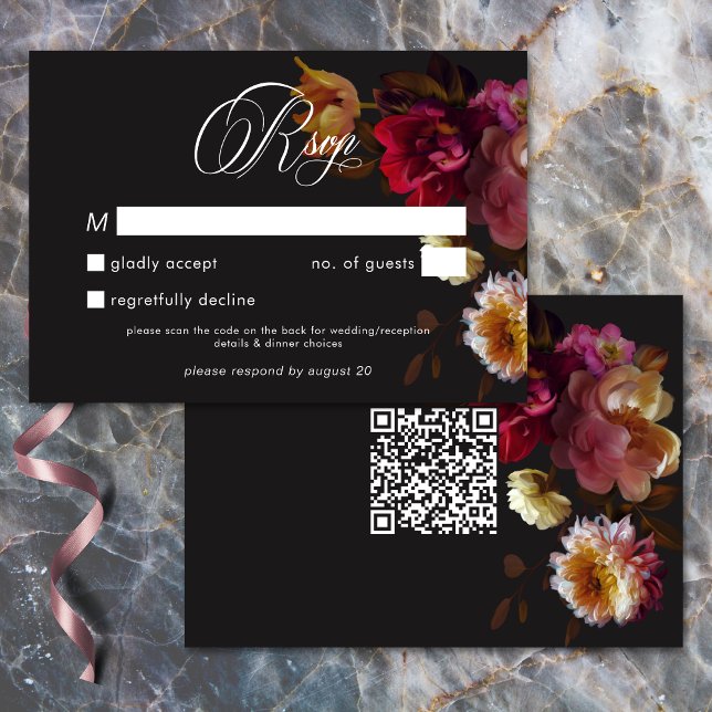 Moody Black Floral Painterly Red Burgundy Wedding OSA Kort (Moody Black Floral Painterly Red Burgundy Wedding QR Code RSVP Card)