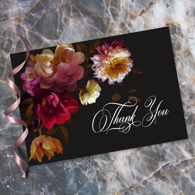 Moody Black Floral Painterly Red Burgundy Wedding Tack Kort (Moody Black Floral Painterly Red Burgundy Wedding Thank You Card)