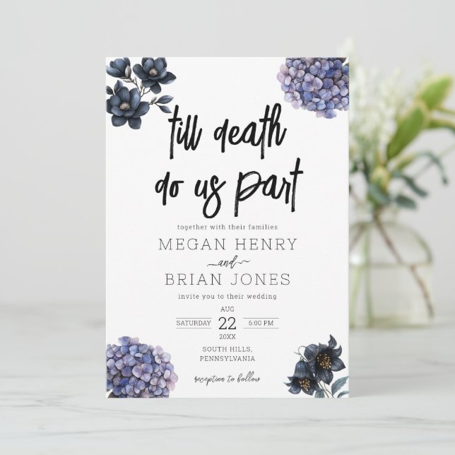 Moody Black Floral Till Death Do Us Part Wedding Inbjudningar (Stående Fram)