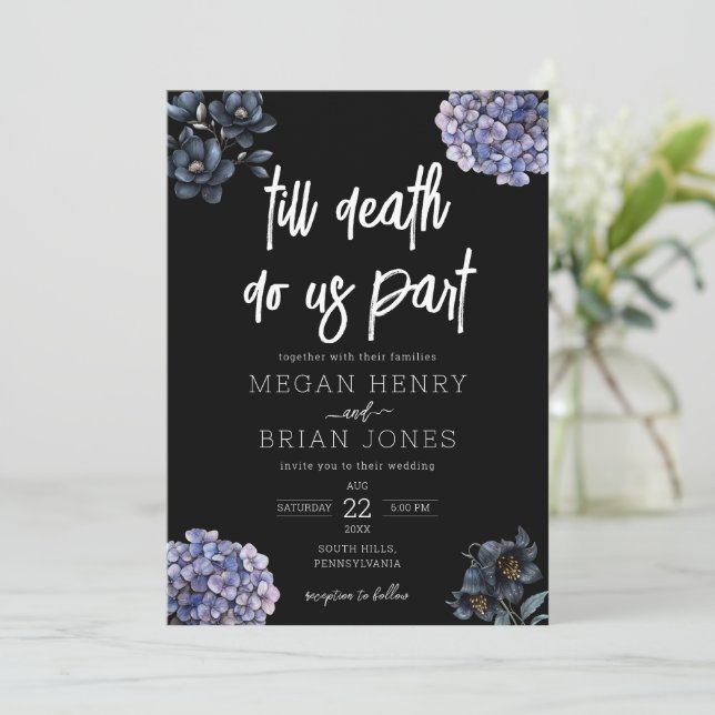 Moody Black Floral Till Death Do Us Part Wedding Inbjudningar (Stående Fram)