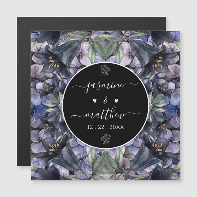 Moody Black Rose Par Namn Bröllop Magnetkort (Fram/baksida)