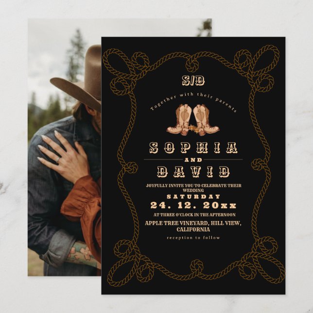 Moody Black Rustic Western Wedding  Inbjudningar (Fram/baksida)