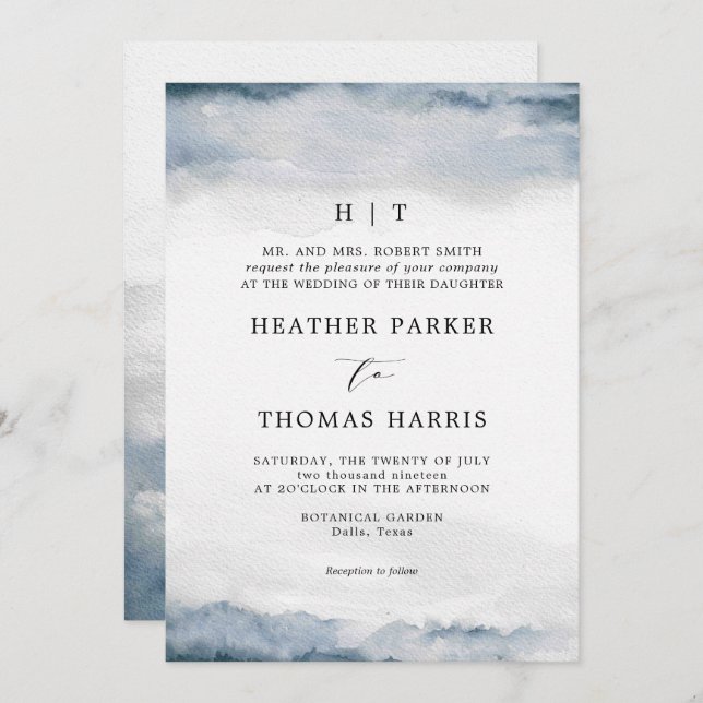 Moody blått vattenfärg, klassiskt Elegant bröllop Inbjudningar (Fram/baksida)