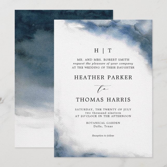 Moody blått vattenfärg, klassiskt Elegant bröllop Inbjudningar (Fram/baksida)