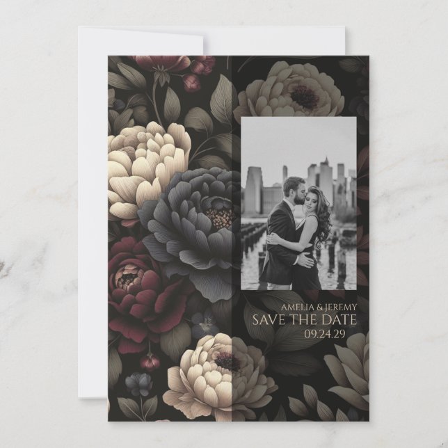 Moody Blommigt för marinblå och burgundisk Spara Datumet (Framsida)