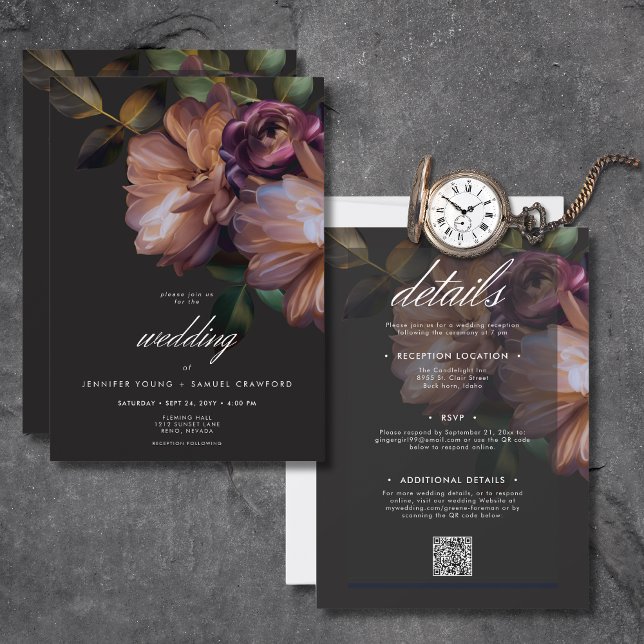 Moody Blommigt för svart elegant - allt i en Inbjudningar (Elegant Black Moody Floral All In One Invitation)
