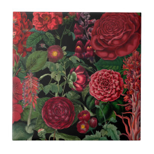 Moody Blommigt, svart och burgundisk Vintage Kakelplatta