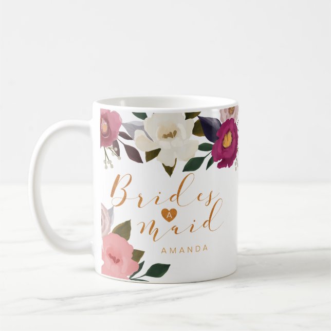 Moody Blommigt vattenfärg Bridesmaid Monogram Kaffemugg (Vänster)