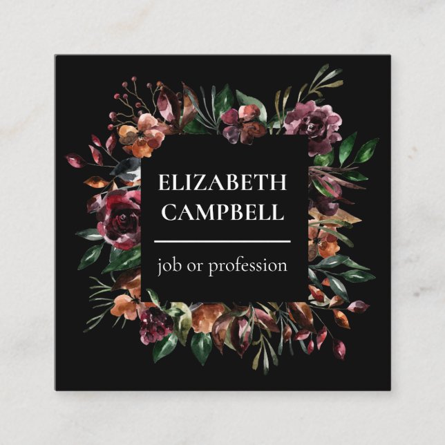 Moody Blommigt vattenfärg| Svart Fyrkantigt Visitkort (Framsida)