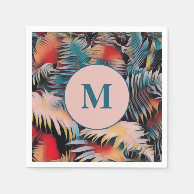Moody Blue Ormbunksblad Botaniskt Monogram Pappersservett (Framsidan)
