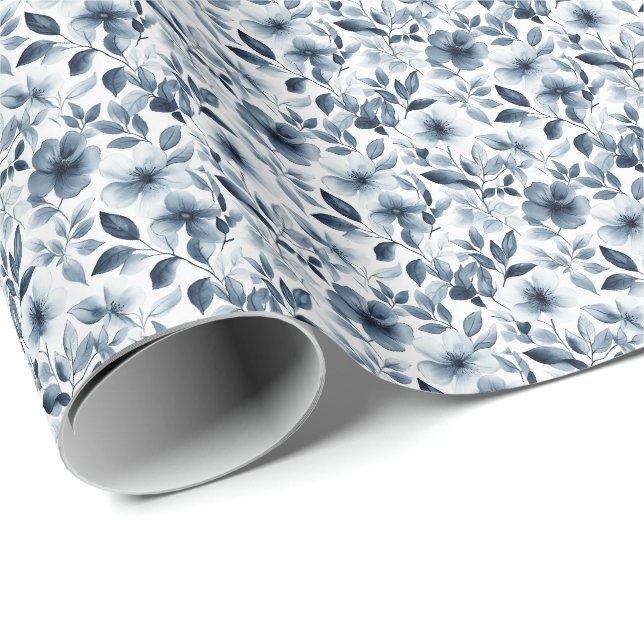 Moody Blue Watercolor Blommig Accent Presentpapper (Rullad Hörn)