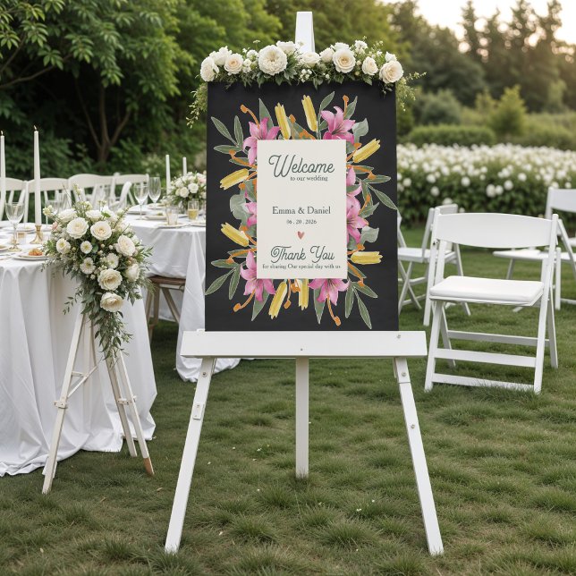 Moody Blush Lily Black Floral Wedding Welcome Sign Poster (Moody Blush Lily Wedding Welcome Poster | Elegant Black Floral Botanical Wedding Sign)