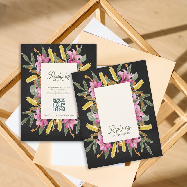 Moody Blush Lily Wedding RSVP Card with QR Code OSA Kort (Moody Blush Lily Wedding RSVP Card with QR Code | Elegant Black Floral Botanical Reply Card)