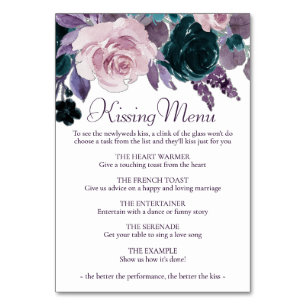 Moody Boho Äggplants Lila och Teal Kissing Menu Bordsnummer