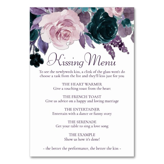 Moody Boho | Äggplants Lila och Teal Kissing Menu Bordsnummer (Framsidan)