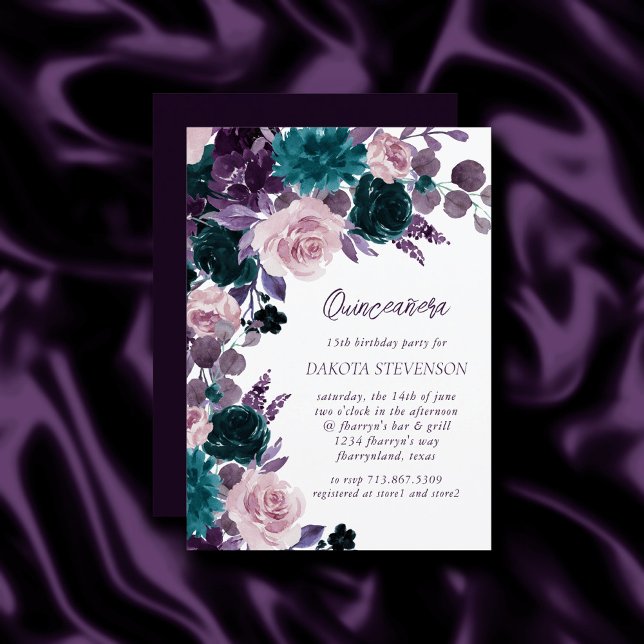 Moody Boho | Äggplants Lila och Teal Quinceanera Inbjudningar (Skapare uppladdad)