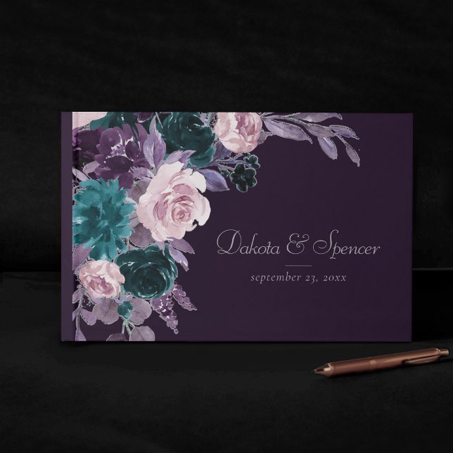 Moody Boho | Mörk Eggplant Lila och Teal Bouquet Gästböcker (Skapare uppladdad)
