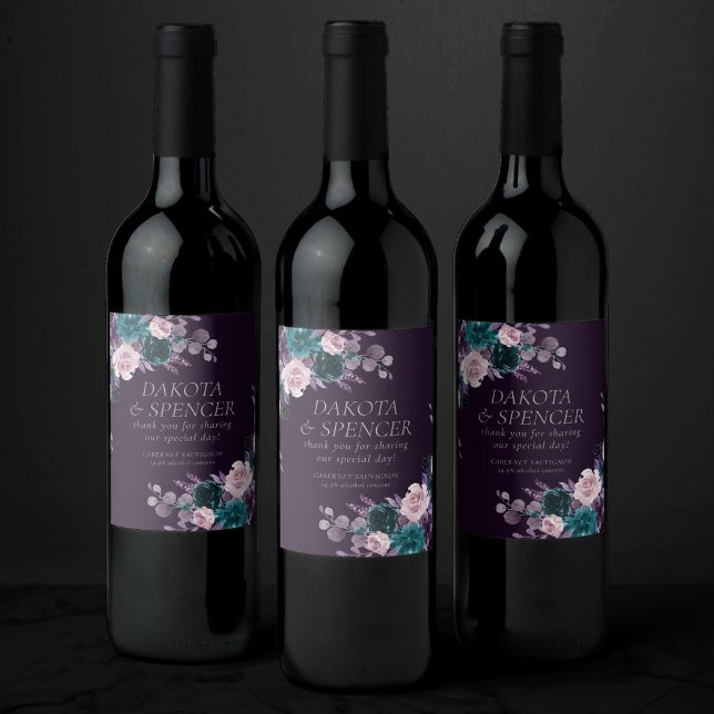 Moody Boho | Mörk Eggplant Lila och Teal Favor Vinflaska Etikett (Skapare uppladdad)