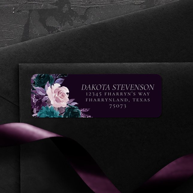 Moody Boho | Mörkt äggplantslila och tealblommig Returadress Etikett (Skapare uppladdad)
