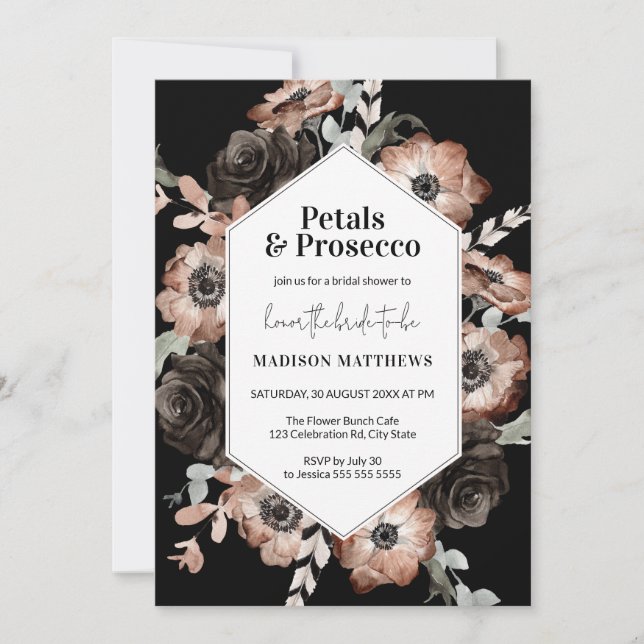 Moody Boho Petals & Prosecco Black Möhippa Inbjudningar (Framsida)