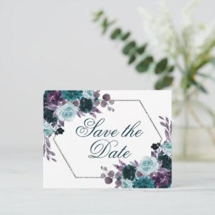 Moody Boho   Teal Mörk Blommigt Ram Spara datum Vykort
