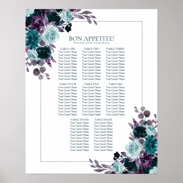 Moody Boho | Teal och Lila 10 Top Seating Chart Poster (Framsidan)
