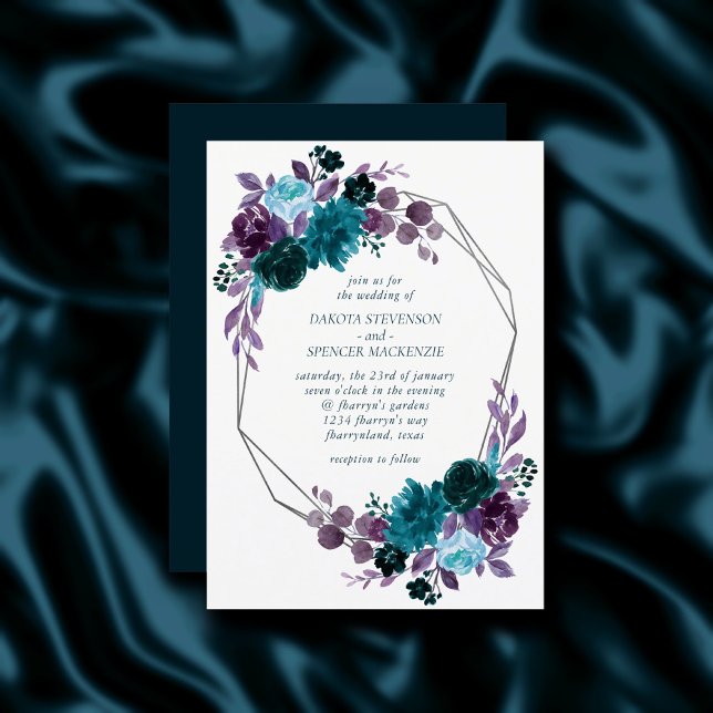 Moody Boho | Teal och turkos Blommigt Bröllop Inbjudningar (Skapare uppladdad)