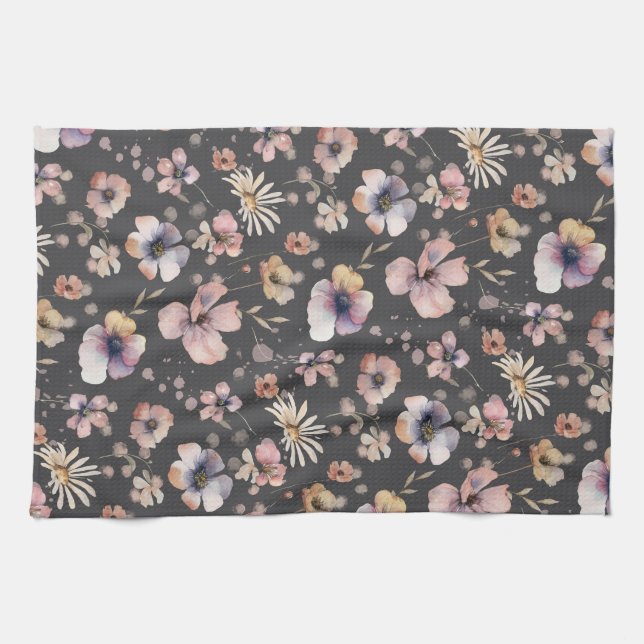 Moody Boho Watercolor Blush Wildflowers Pattern  Kökshandduk (Horisontell)