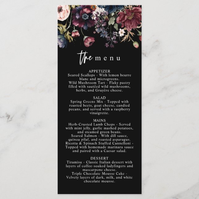 Moody Bröllop-meny, Svart meny, Blommigt med vatte Meny (Framsida)