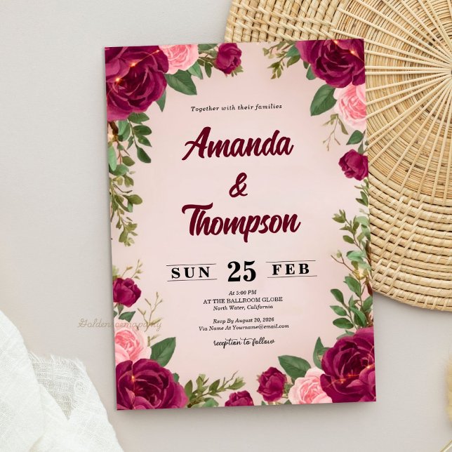Moody Burgundy and Blush Floral Wedding Inbjudningar (Moody Burgundy and Blush Floral Wedding Invitation)