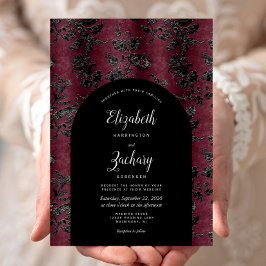 Moody Burgundy Black Damask Arch Mörk Bröllop Inbjudningar