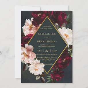 Moody Burgundy Blommigt Peonies Grönt Bröllop Inbjudningar