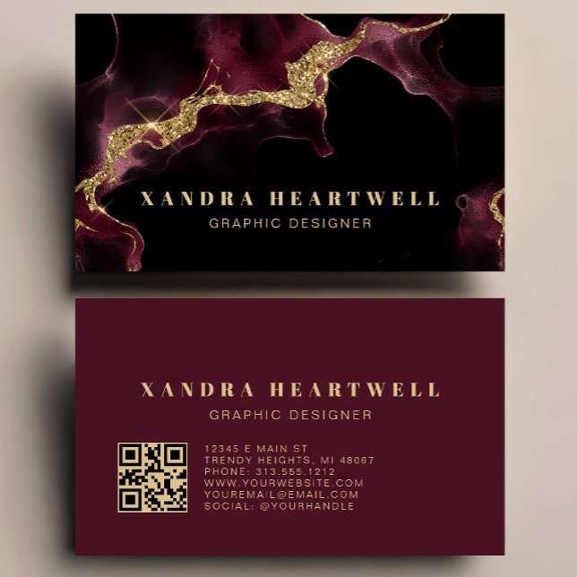 Moody Burgundy Gold Glitter Ink Abstract QR Code Visitkort (Skapare uppladdad)