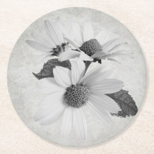 Moody Daisy Svart & Vitt Neutralt Vardagligt Blomm Underlägg Papper Rund