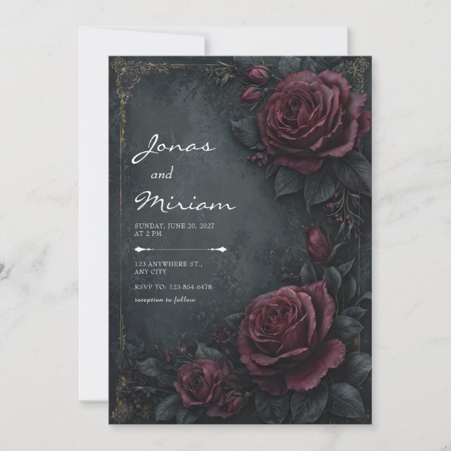 Moody Dark Charcoal Burgundy Rose Floral Wedding Inbjudningar (Framsida)