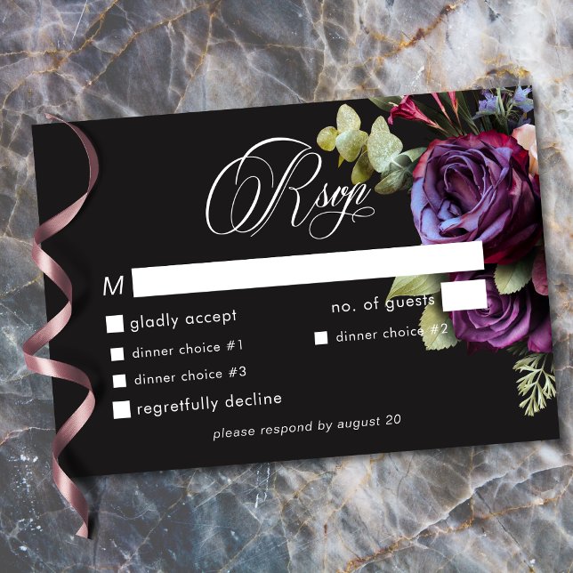 Moody Dark Floral Black Burgundy Romantic Wedding OSA Kort (Moody Dark Floral Black Burgundy Romantic Wedding RSVP Card)