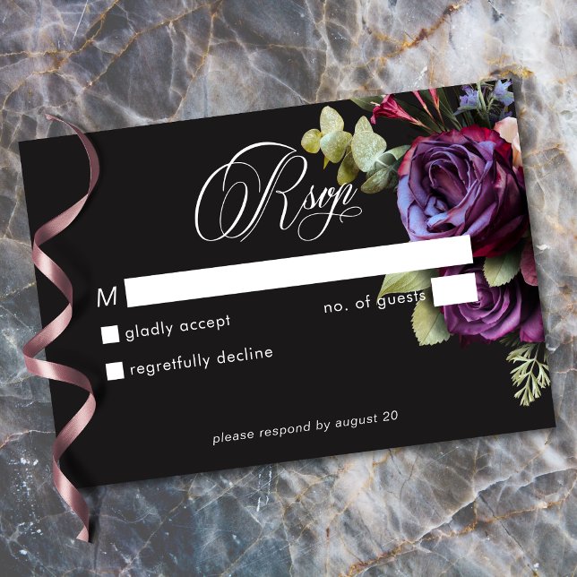 Moody Dark Floral Black Burgundy Romantic Wedding OSA Kort (Moody Dark Floral Black Burgundy Romantic Wedding RSVP Card)