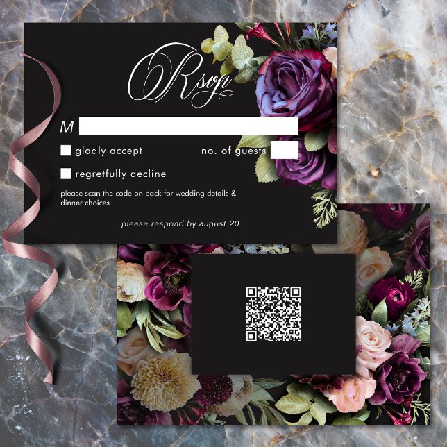 Moody Dark Floral Black Burgundy Romantic Wedding OSA Kort (Moody Dark Floral Black Burgundy Romantic Wedding QR RSVP Card)