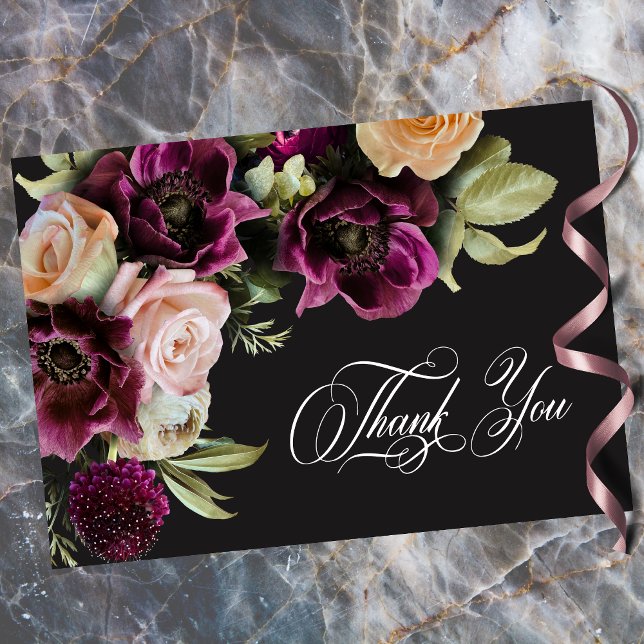 Moody Dark Floral Black Burgundy Romantic Wedding  Tack Kort (Moody Dark Floral Black Burgundy Romantic Wedding Thank You Card)