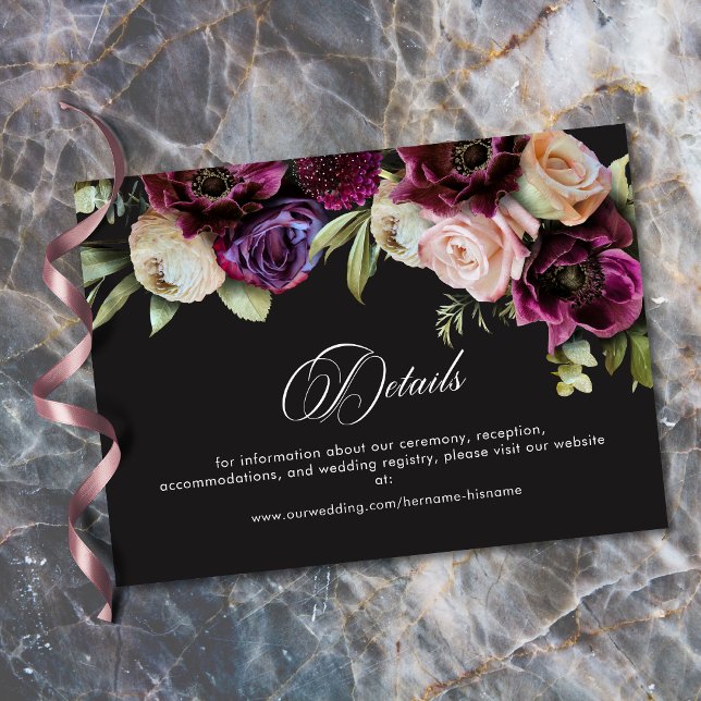 Moody Dark Floral Black Burgundy Romantic Wedding Tilläggskort (Moody Dark Floral Black Burgundy Romantic Wedding Enclosure Card)